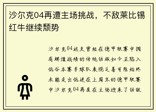沙尔克04再遭主场挑战，不敌莱比锡红牛继续颓势