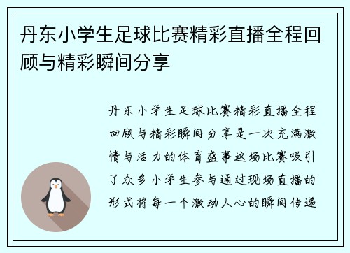丹东小学生足球比赛精彩直播全程回顾与精彩瞬间分享